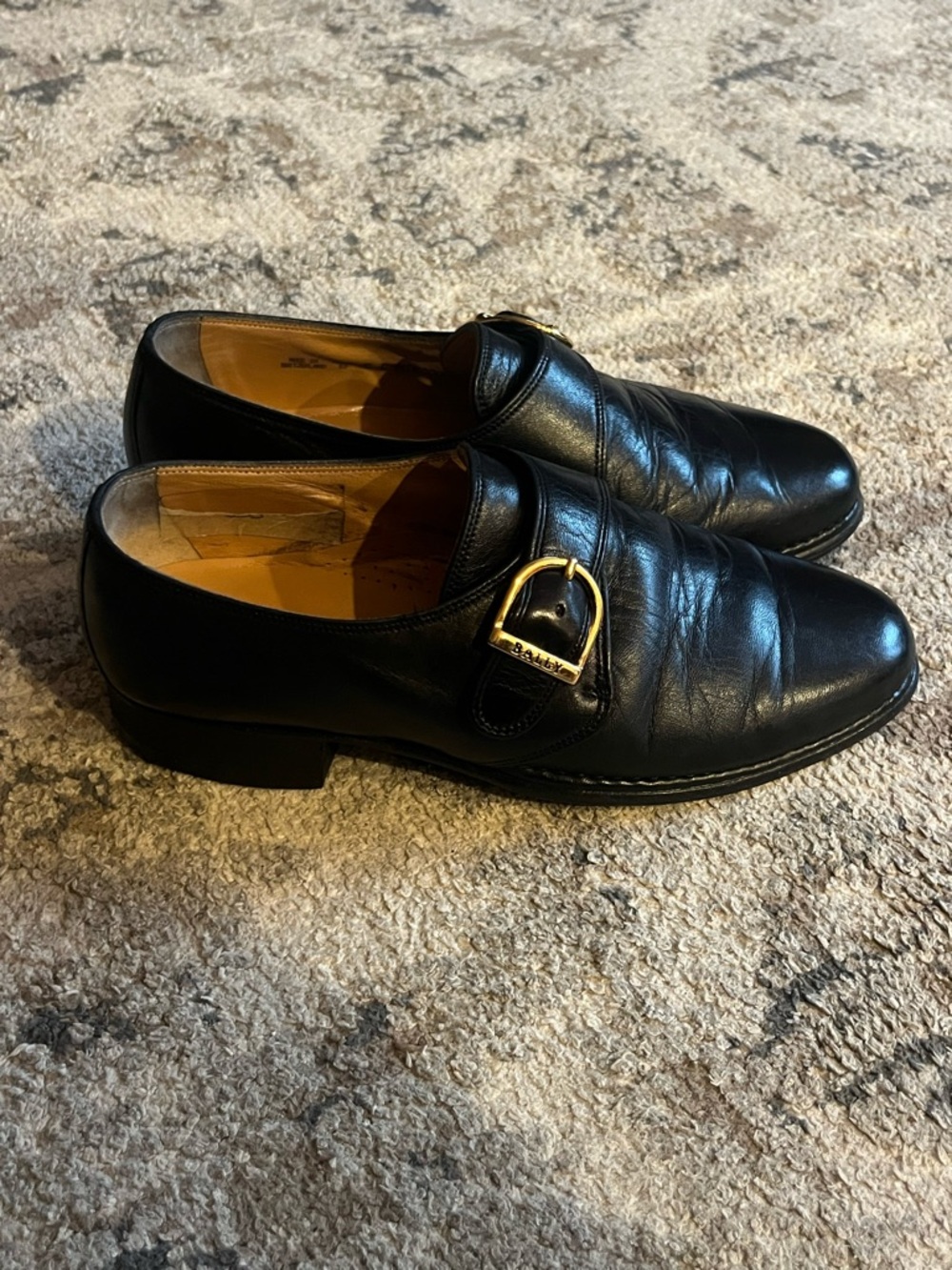 Bally Black Leather Monk Strap Loafers with Gold Buckle